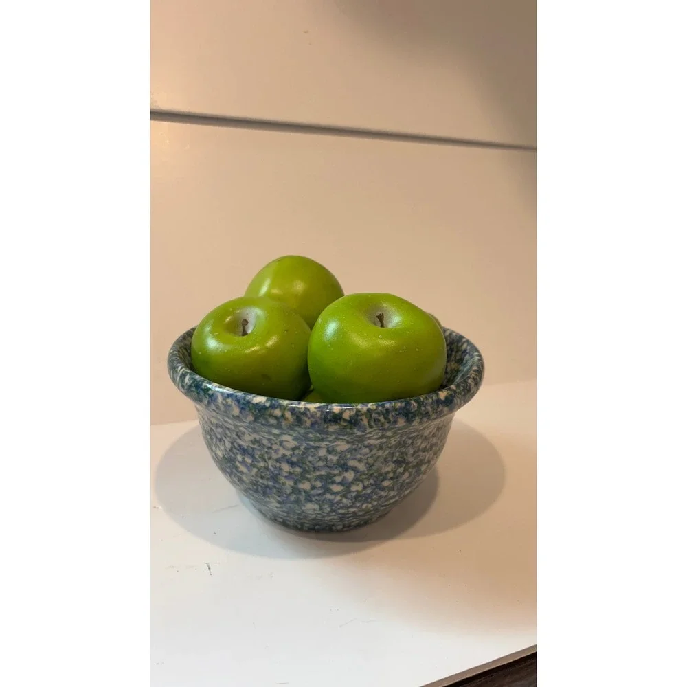 Vintage Spongeware Stoneware Bowl Blue Green Speckled Ceramic with 6 Faux Apples